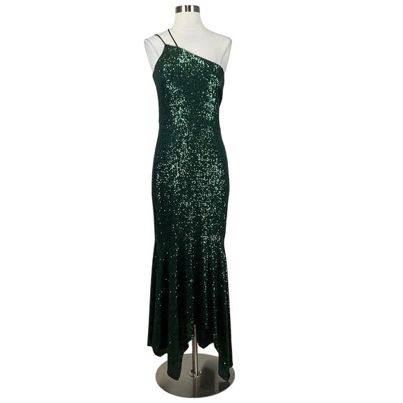 Green Sequined One Shoulder High Low Midi Sheath Cocktail Dress Size 8 by AQUA - Picture 1 of 13